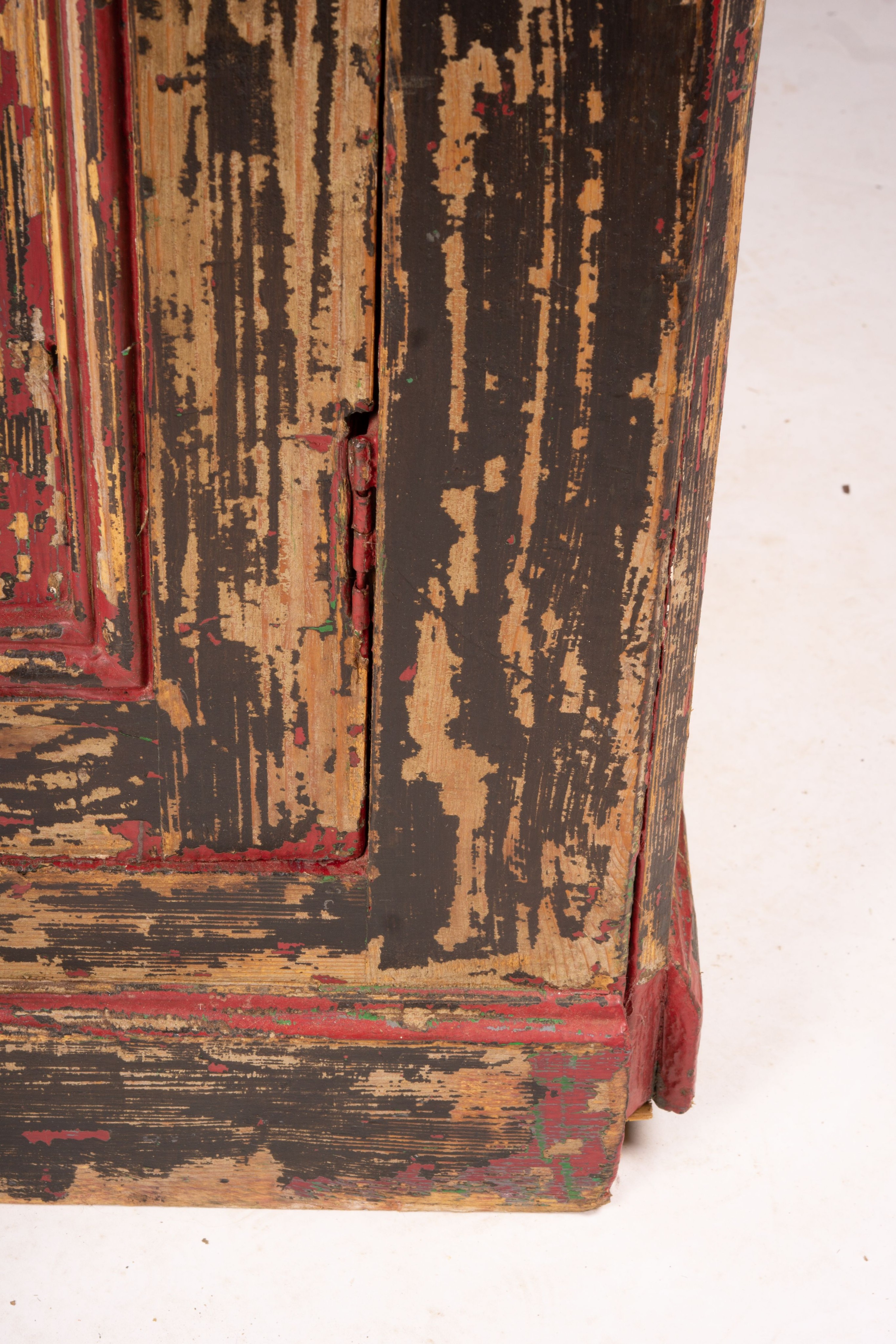 A 19th century French painted pine two door cabinet with scraped finish, width 140cm, depth 57cm, height 105cm